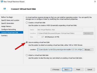 VM Wizard with an arrow pointing to the Use an existing virtual hard disk option and field to browse for the location path.